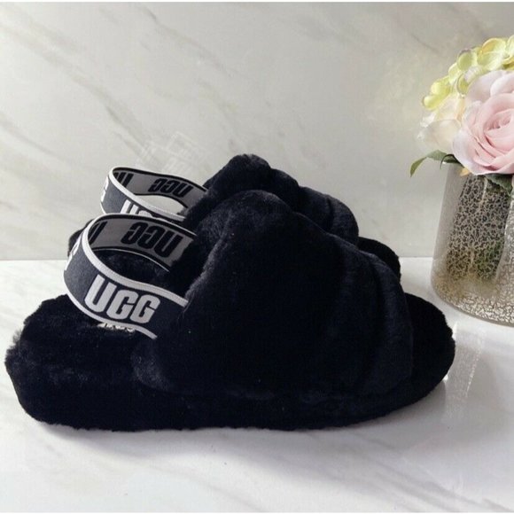 UGG Fluff Yeah Genuine Shearling Platform Slingback Sandal Slide Black US 7 - Picture 4 of 10